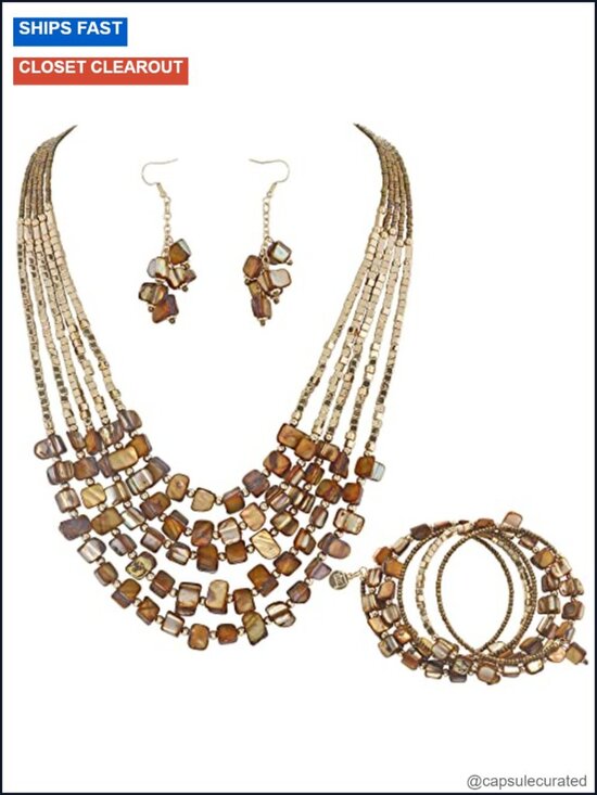 Jewelry - Bohemian Layered Shell Beaded Necklace Earrings Bracelet Set
